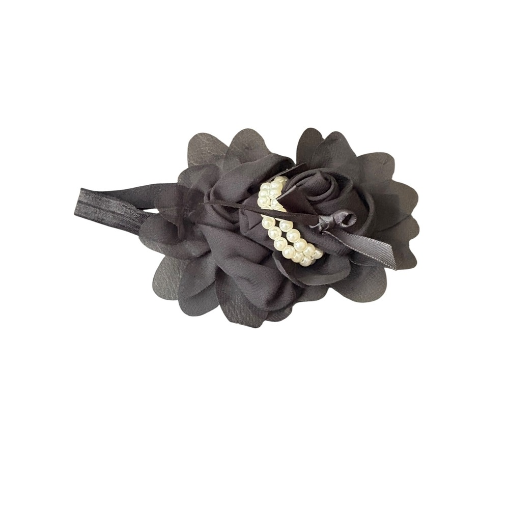 Handmade Baby Girl Headband Black Flower Pearl Infant Toddler Hair Bow Accessory